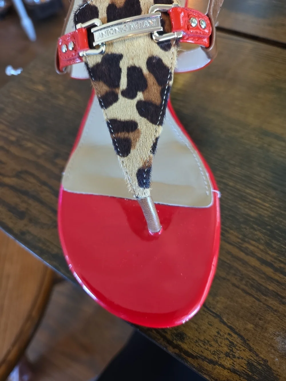 Antonio Melani Leopard Calf Hair Red Patent Sandals 6.5 Gold 1.5